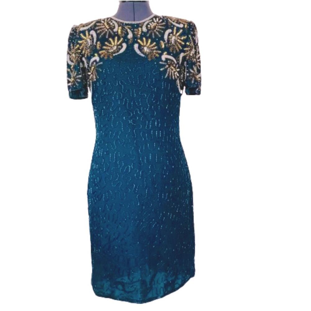 Vintage Teal and Gold Beaded Silk Dress Short Sparkly Sequins Formal Evening Med